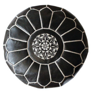 black leather pouf with white embroidery handmade in Morocco