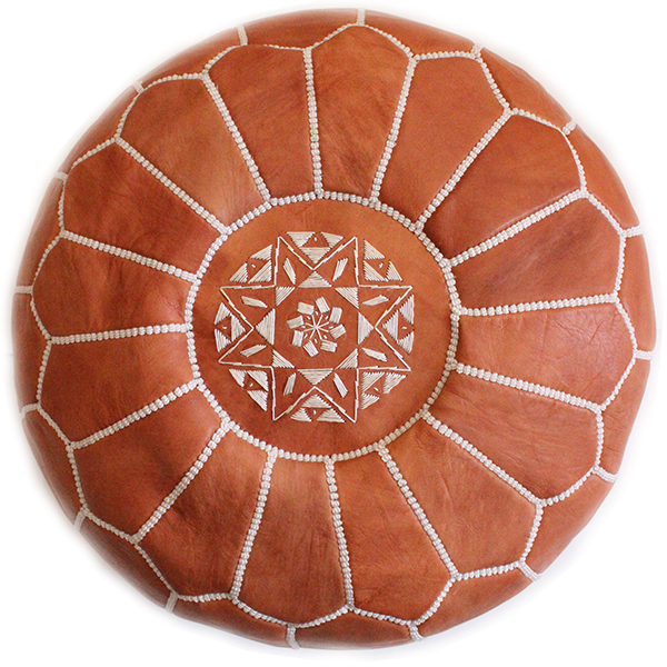 tan leather pouf from morocco embroidered
