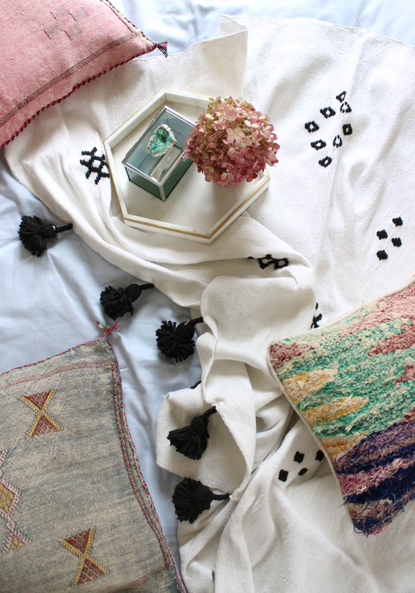 moroccan blanket black and white pompoms