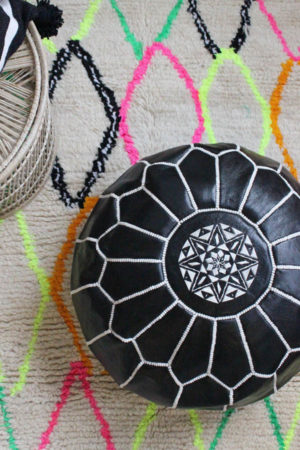 black leather pouf with white embroidery handmade in Morocco