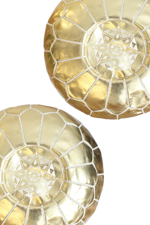 set of 2 moroccan poufs gold leather handmade available at baba souk