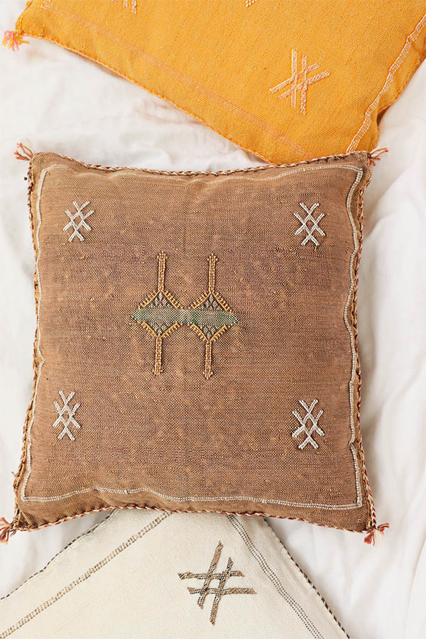Brown cactus silk pillow made in Morocco available at Babasouk