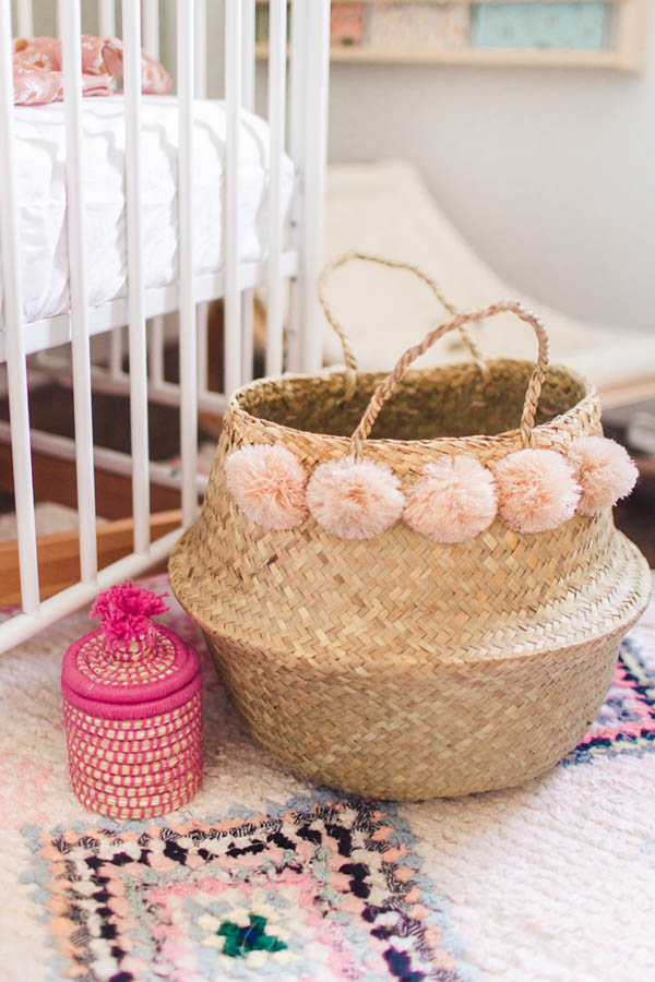 handmade belly baskets with blush pompoms, floor baskets, available at baba souk