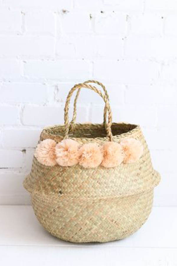handmade belly baskets with blush pompoms, floor baskets, available at baba souk