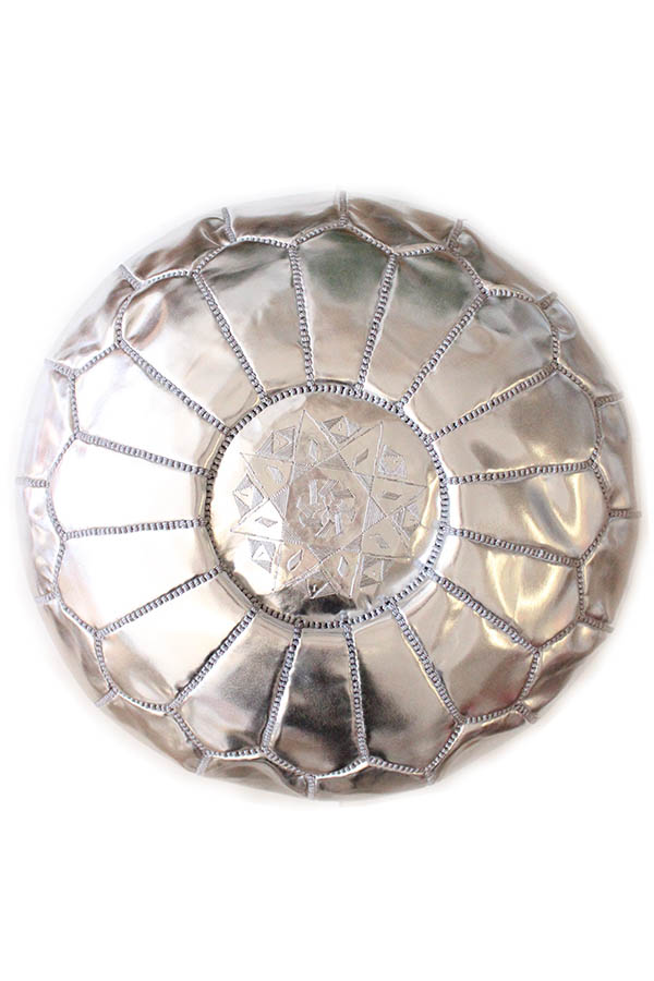 Moroccan pouf in silver metallic vegan leather