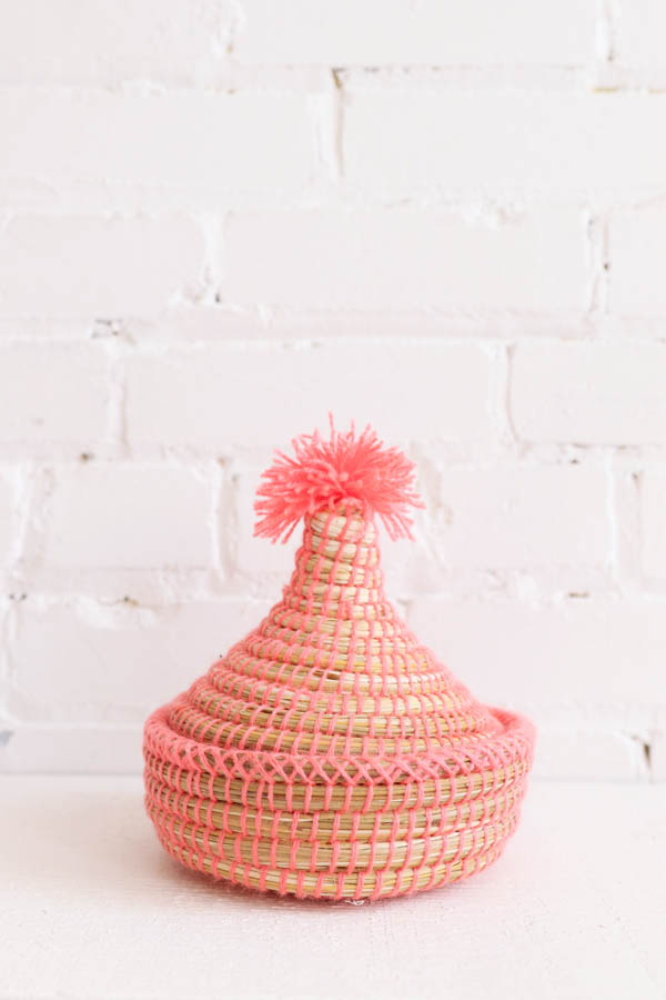 mini basket with pompom handmade in Morocco available at Baba Souk