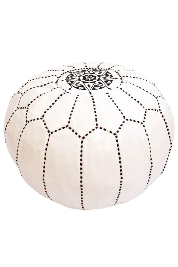 white leather pouf with black embroidery handmade in Morocco
