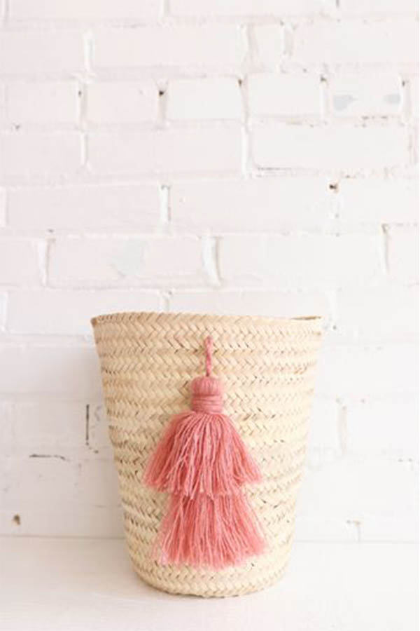 Pompom Basket handmade in Morocco available at Baba Souk