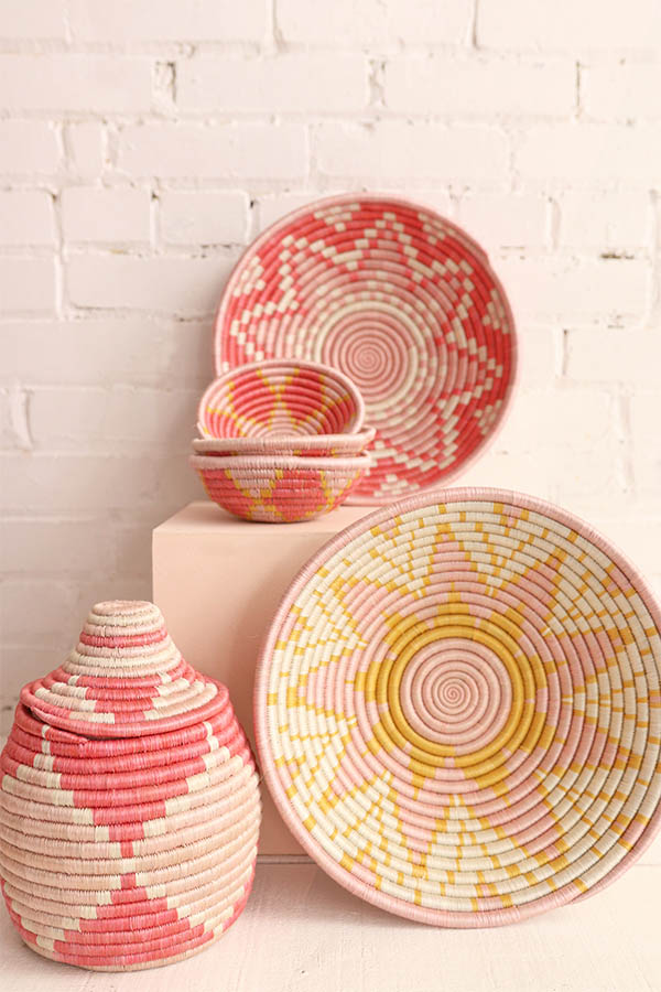 African Baskets, Sisal Bowls Pink & Yellow Handmade from Baba Souk