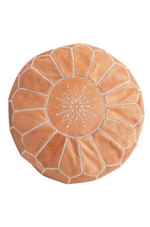 moroccan pouf in tan leather available at baba souk