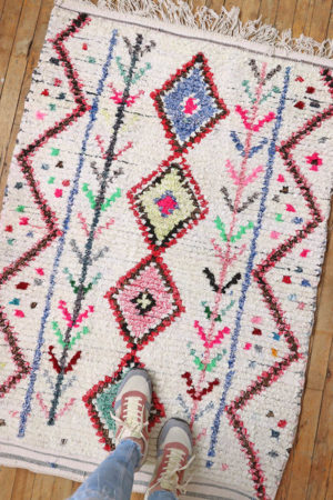 One-of-a-kind Boucherouite Rug available at Baba Souk.