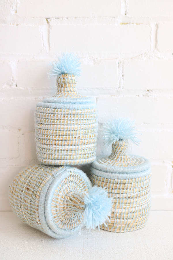 mini basket with pompom handmade in morocco available at baba souk