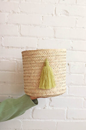 round basket with green tassel handmade babasouk