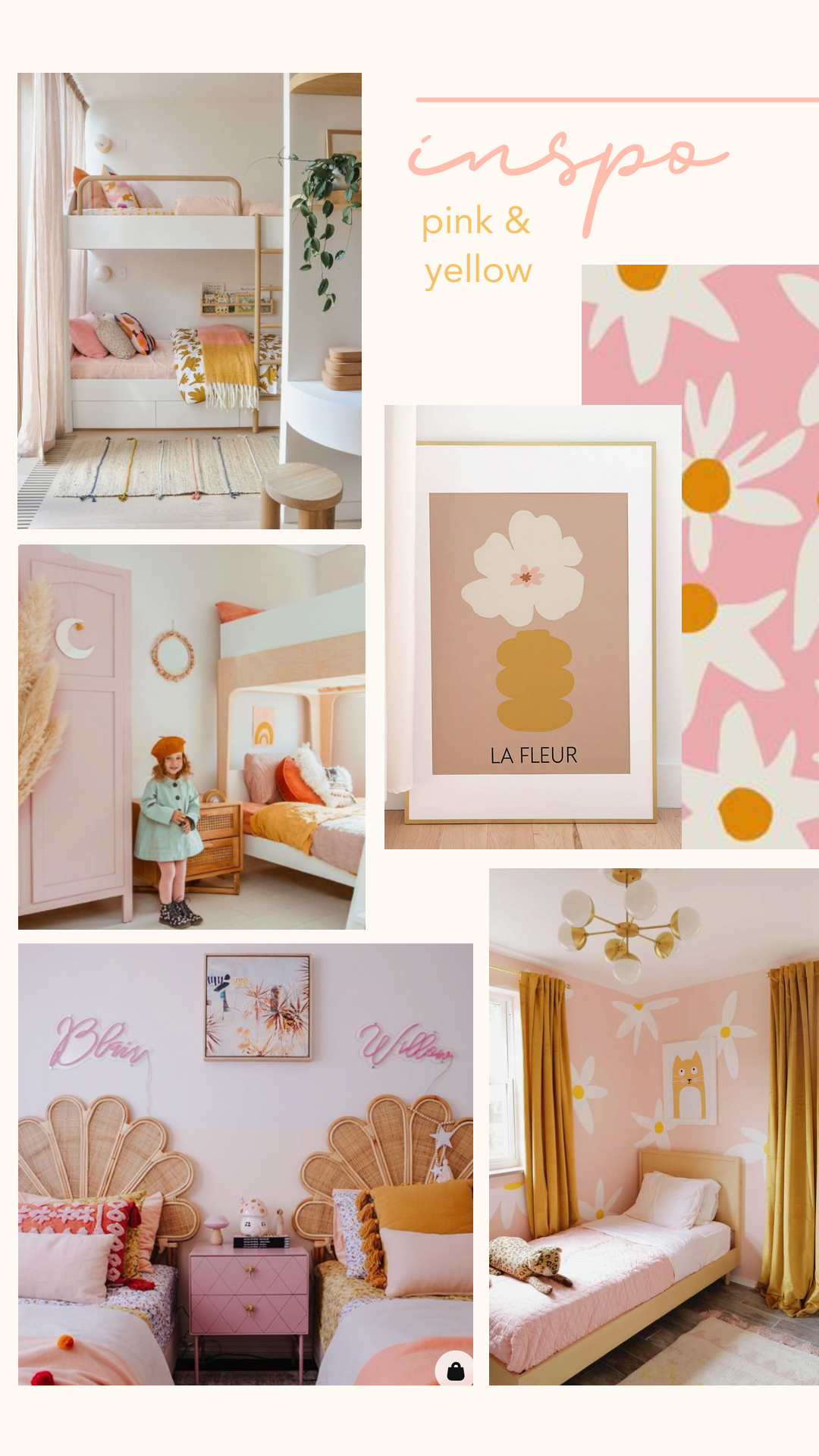 pink and yellow mood board for a girls bedroom by baba souk